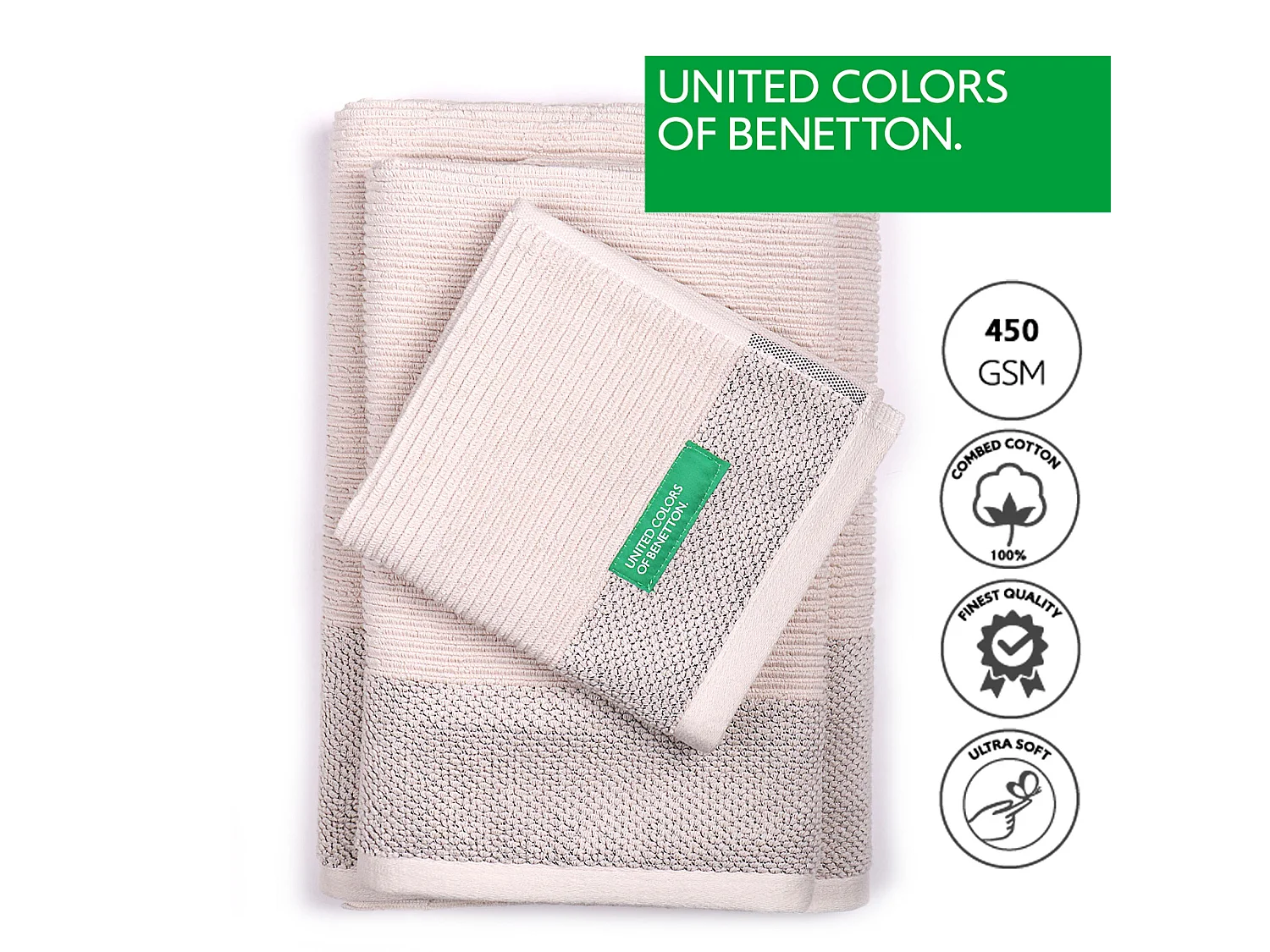 Set 3pcs Serviettes De Bain (30x50+50x90+70x140 Cm) 450 G/m2 100%coton Beige Casa Benetton