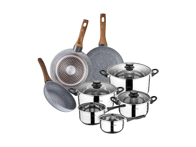 batterie de cuisine en acier inoxydable de 8 pièces avec poêles à frire (18,20,24 cm) en aluminium forgé collection daimiel