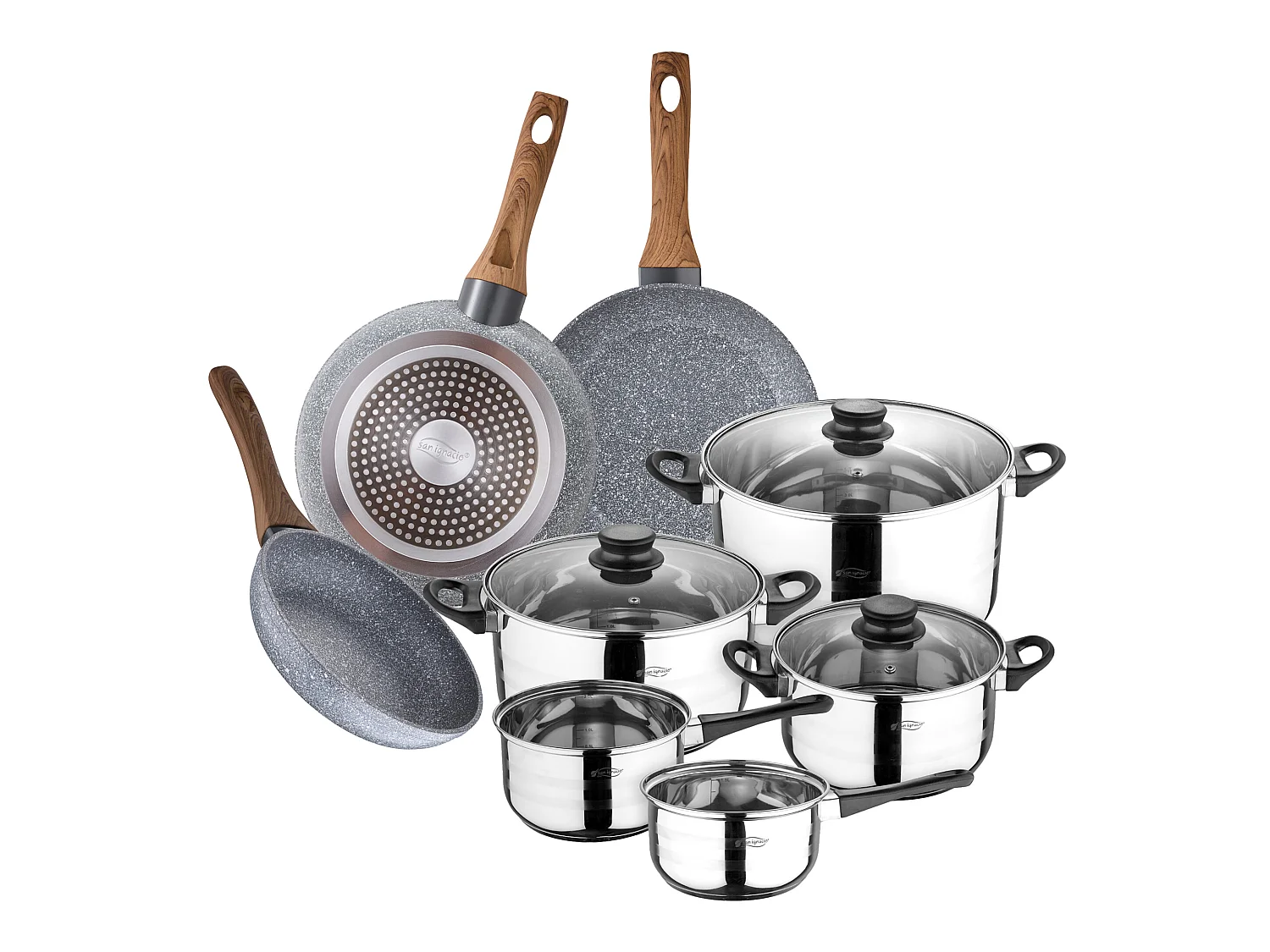 batterie de cuisine en acier inoxydable de 8 pièces avec poêles à frire (18,20,24 cm) en aluminium forgé collection daimiel