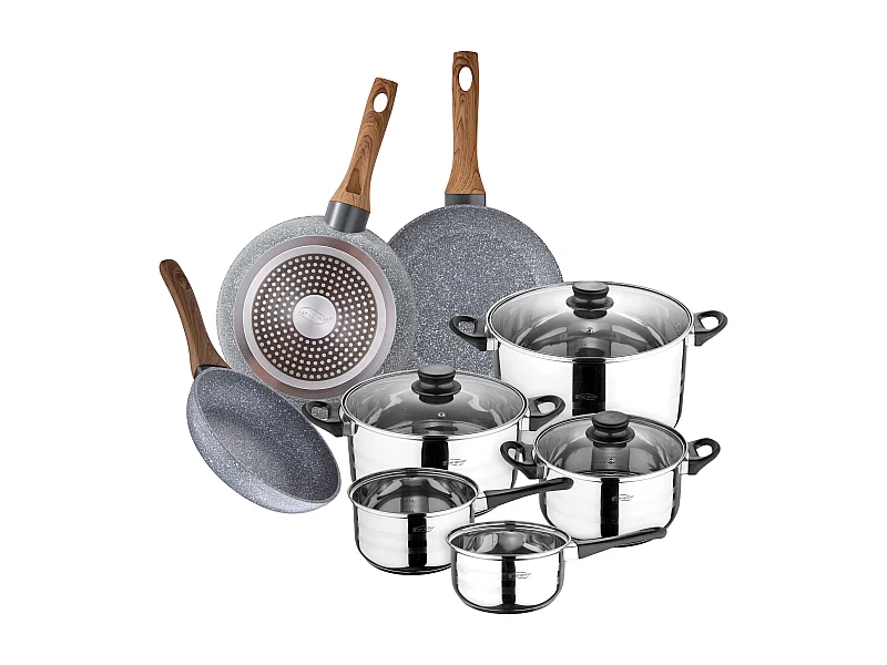 batterie de cuisine en acier inoxydable de 8 pièces avec poêles à frire (18,20,24 cm) en aluminium forgé collection daimiel