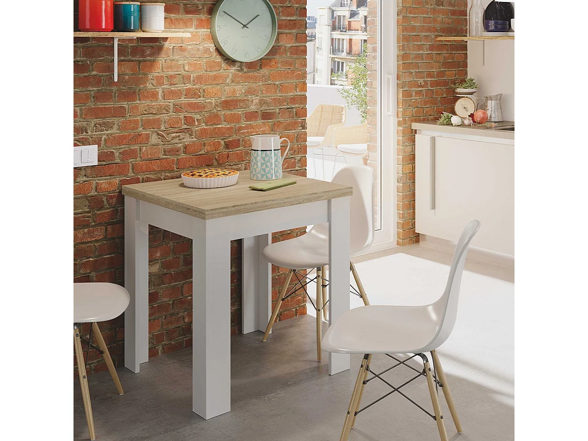 Mesa de comedor cuadrada Livre Blanco Artik (Blanco Mate) - Roble Canadian