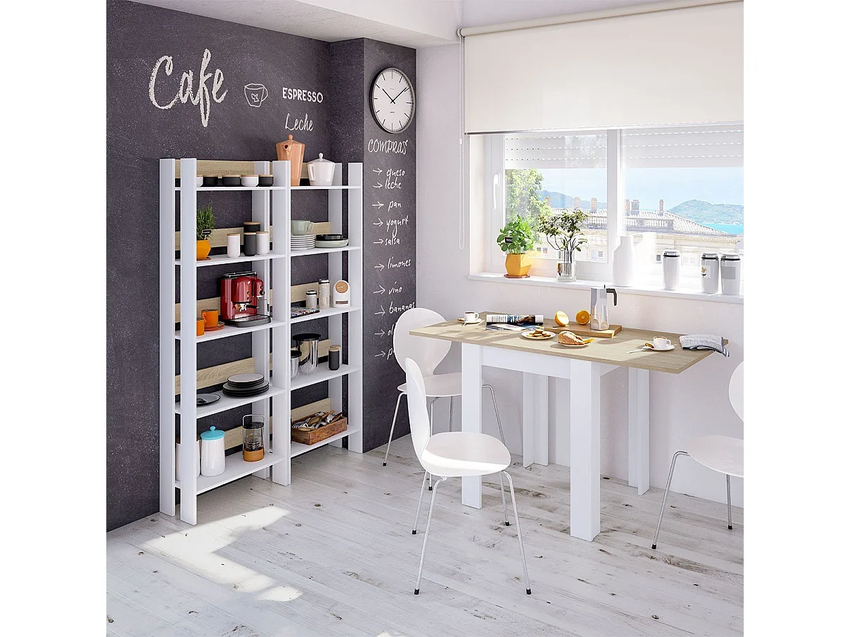 Mesa de comedor cuadrada Livre Blanco Artik (Blanco Mate) - Roble Canadian