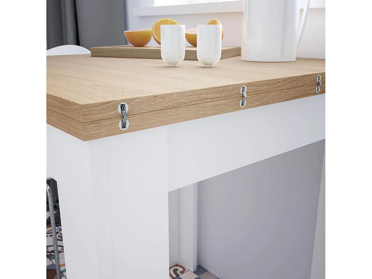 Mesa de comedor cuadrada Livre Blanco Artik (Blanco Mate) - Roble Canadian