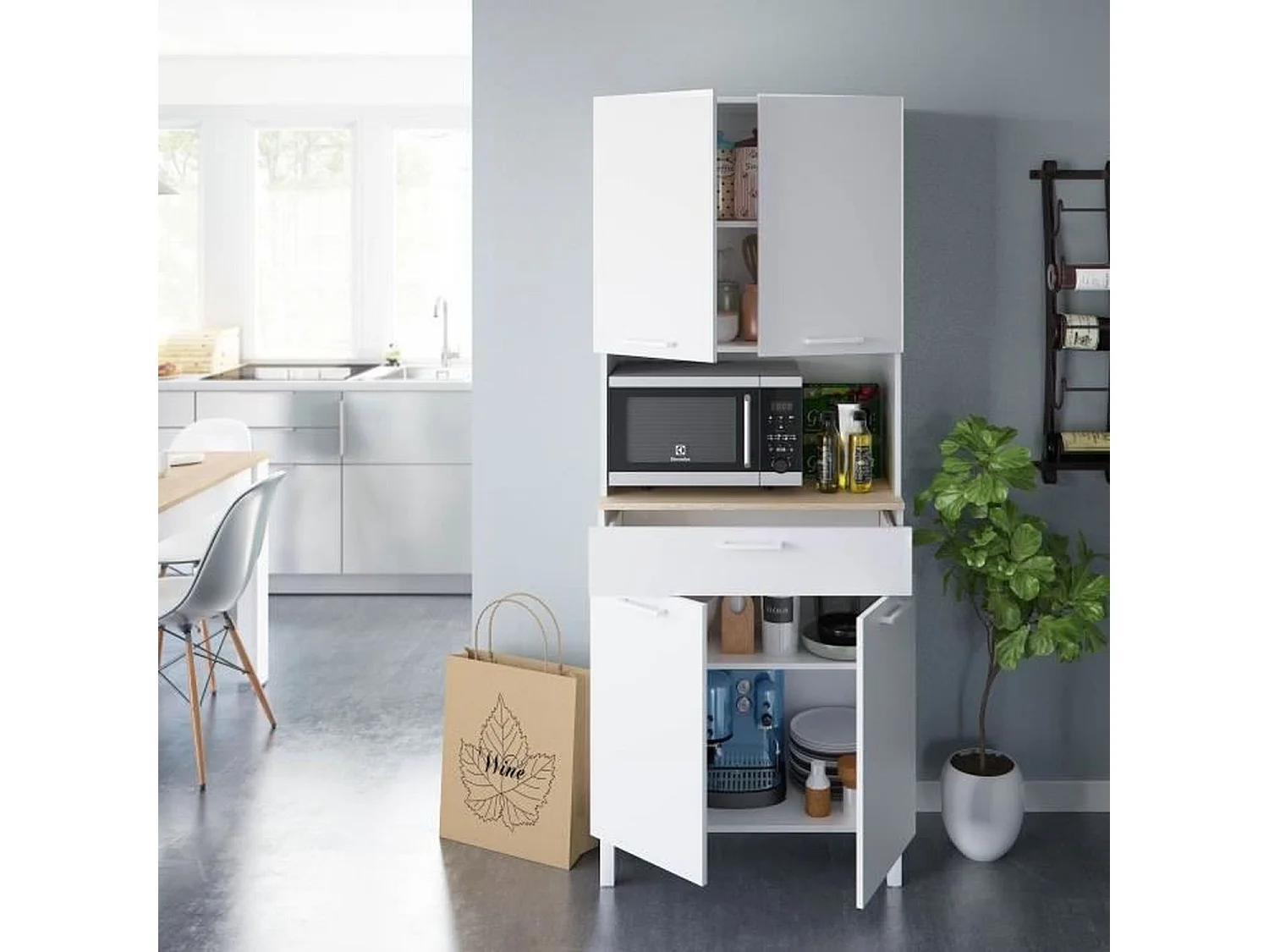 Buffet haut 4 portes + 1 tiroir et 1 compartiment ouvert H186 cm - Kira