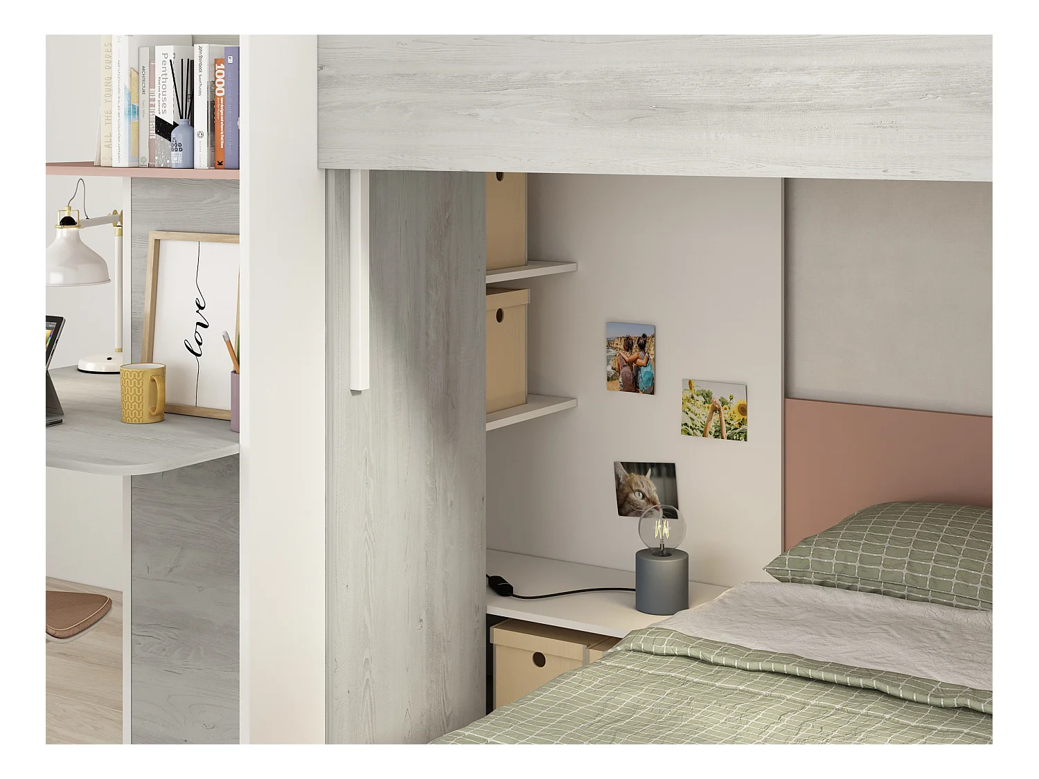 Eck-Hochbett - 2 x 90 x 190 cm -  mit Schreibtisch - Grau, Weiß & Rosa - SAMUEL