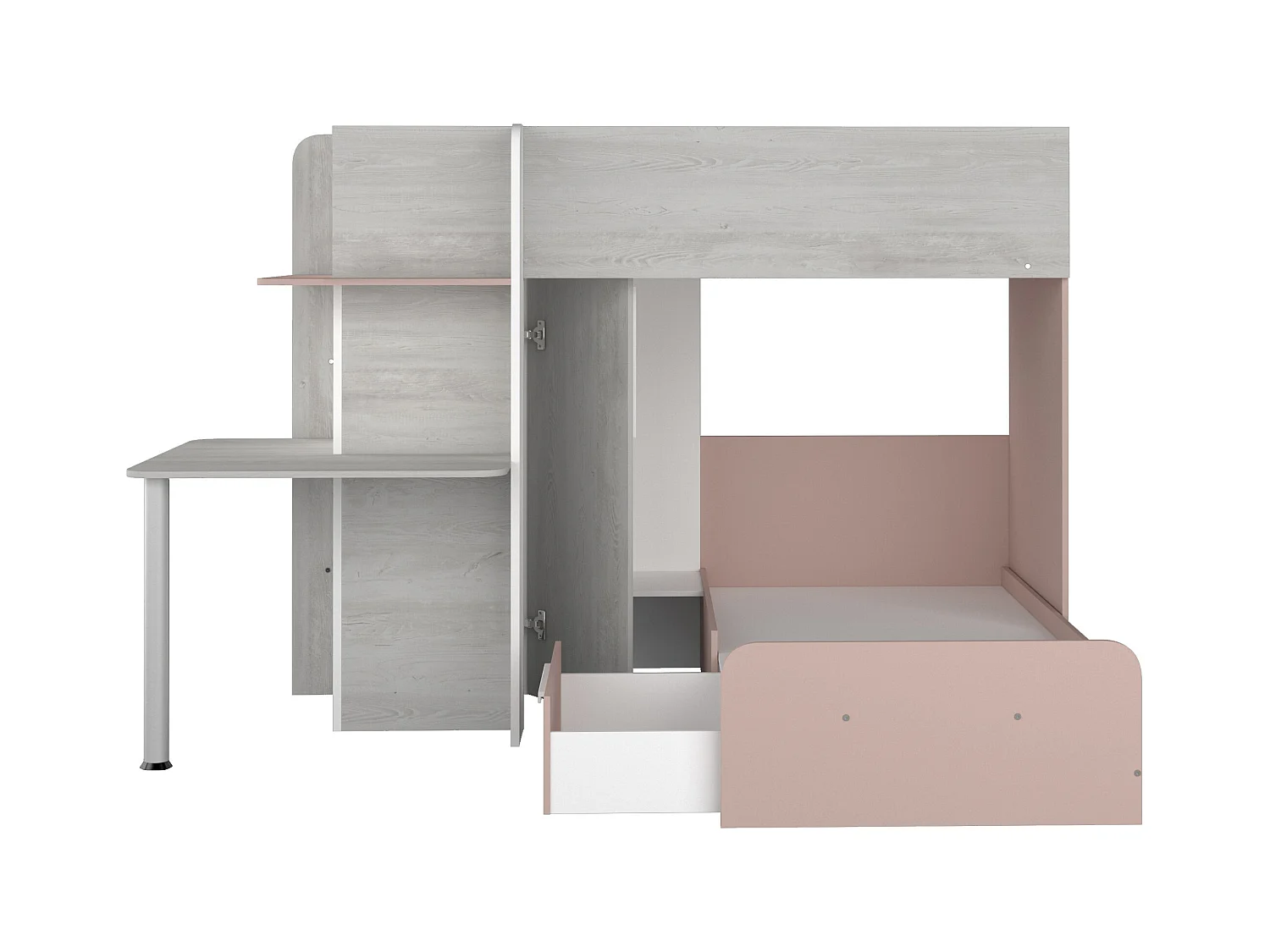 Eck-Hochbett - 2 x 90 x 190 cm -  mit Schreibtisch - Grau, Weiß & Rosa - SAMUEL