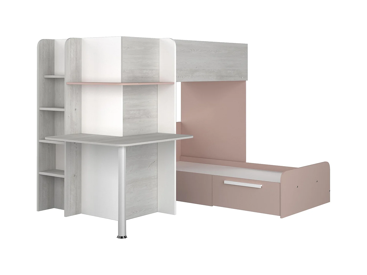 Eck-Hochbett - 2 x 90 x 190 cm -  mit Schreibtisch - Grau, Weiß & Rosa - SAMUEL