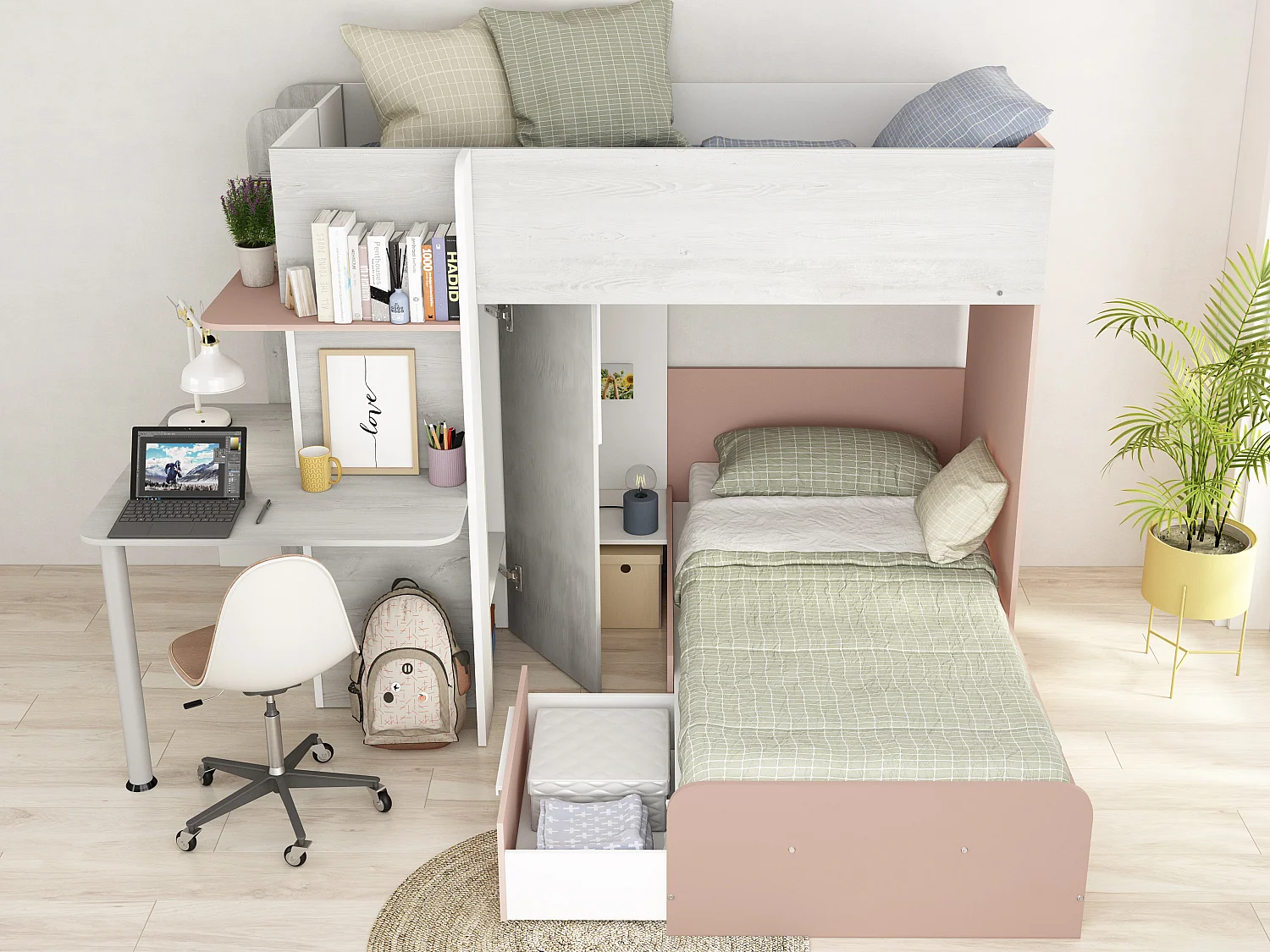 Lits superposés d'angle 2 x 90 x 190 cm - Avec bureau - Gris, blanc et rose - SAMUEL
