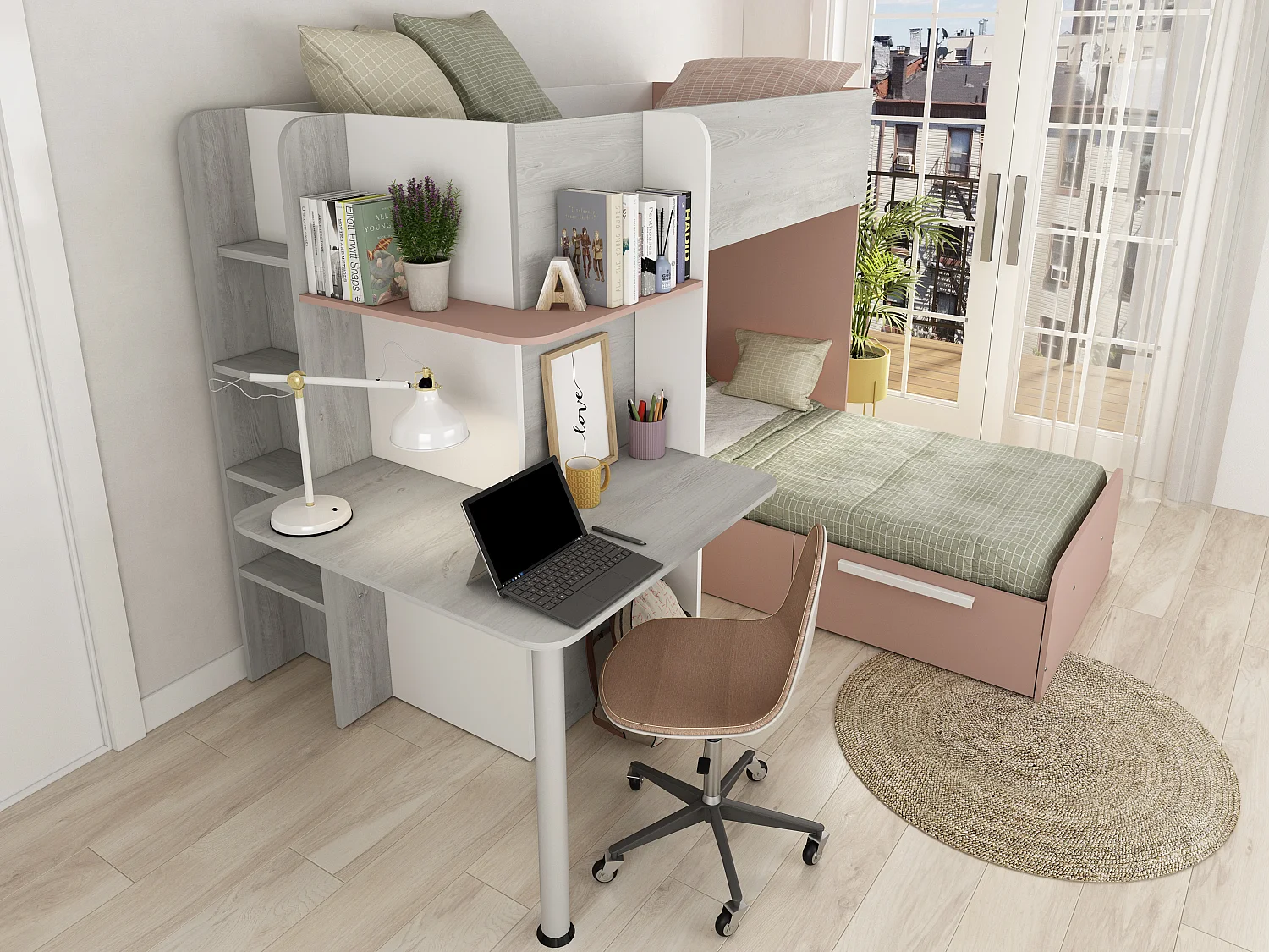 Lits superposés d'angle 2 x 90 x 190 cm - Avec bureau - Gris, blanc et rose - SAMUEL