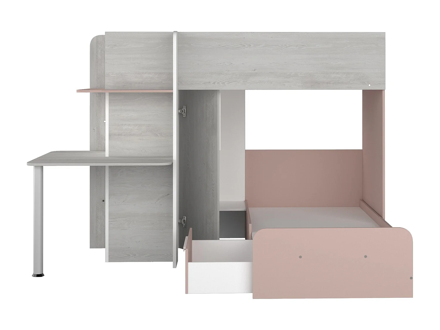 Lits superposés d'angle 2 x 90 x 190 cm - Avec bureau - Gris, blanc et rose - SAMUEL
