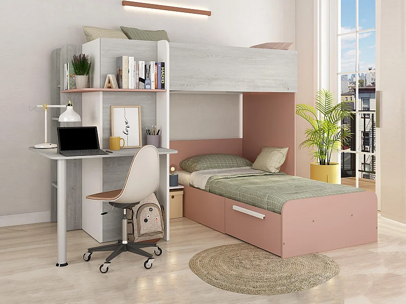 Hjørneseng i 2 etasjer 2×90×190 cm med skrivebord i grå, hvit og rosa SAMUEL