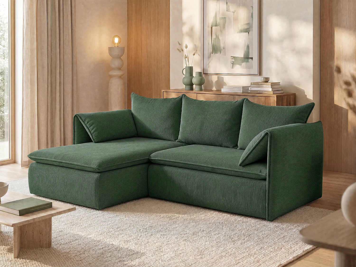 Ecksofa mit Schlaffunktion - Ecke links - Feincord - Tannengrün - TEODORA