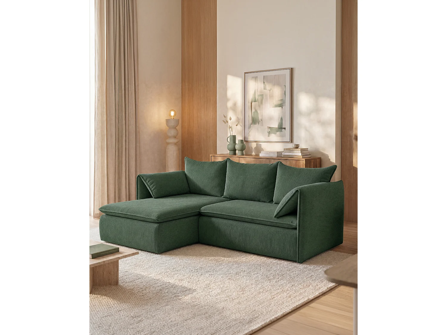 Ecksofa mit Schlaffunktion - Ecke links - Feincord - Tannengrün - TEODORA
