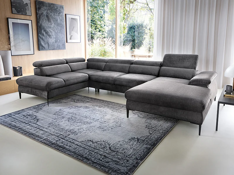 Stor hjørnesofa med konvertibel chaiselong i antracitgrå velour SEPINA fra Pascal Morabito