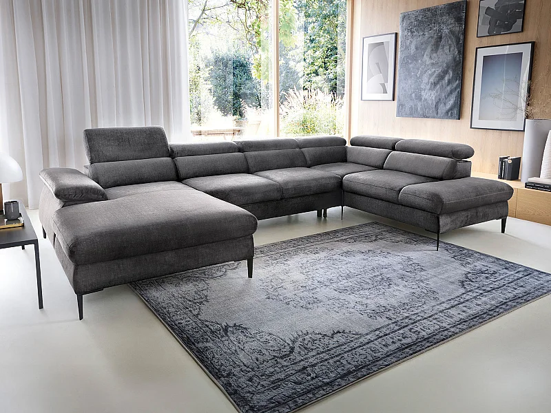 Gran sofá cama rinconera panorámico de terciopelo gris antracita SEPINA de Pascal Morabito