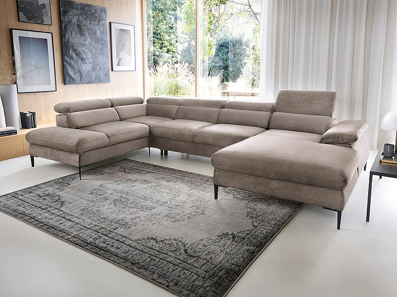 Stor panoramahjørnesofa højrevendt med sovefunktion i brun velour SEPINA af Pascal Morabito