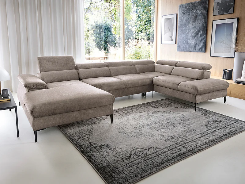 Stor venstre hjørnesovendig sofa med venstre hjørne konverteringshjørne, panoramaklæderslet sofa i brun fløjl