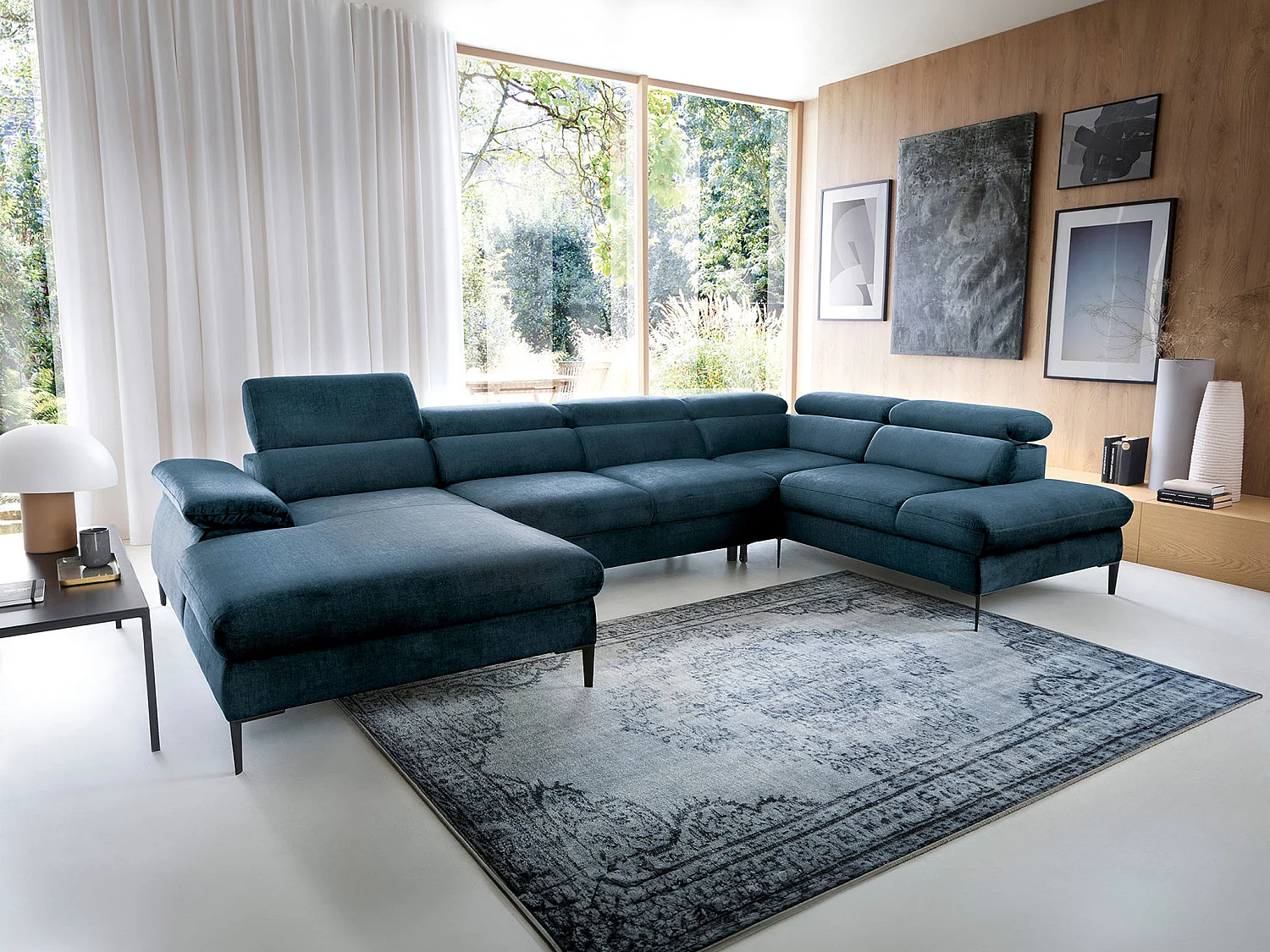 XXL hoekslaapbank met hoek links van nachtblauw velours SEPINA van Pascal Morabito