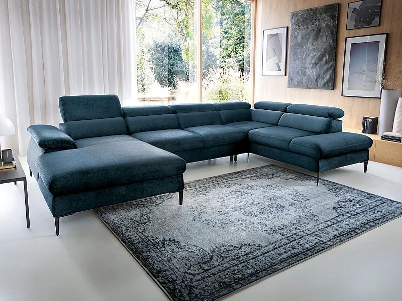 Stor venstre hjørnesofa panoramadesign i midnatsblå fløjlsmonterit SEPINA fra Pascal Morabito