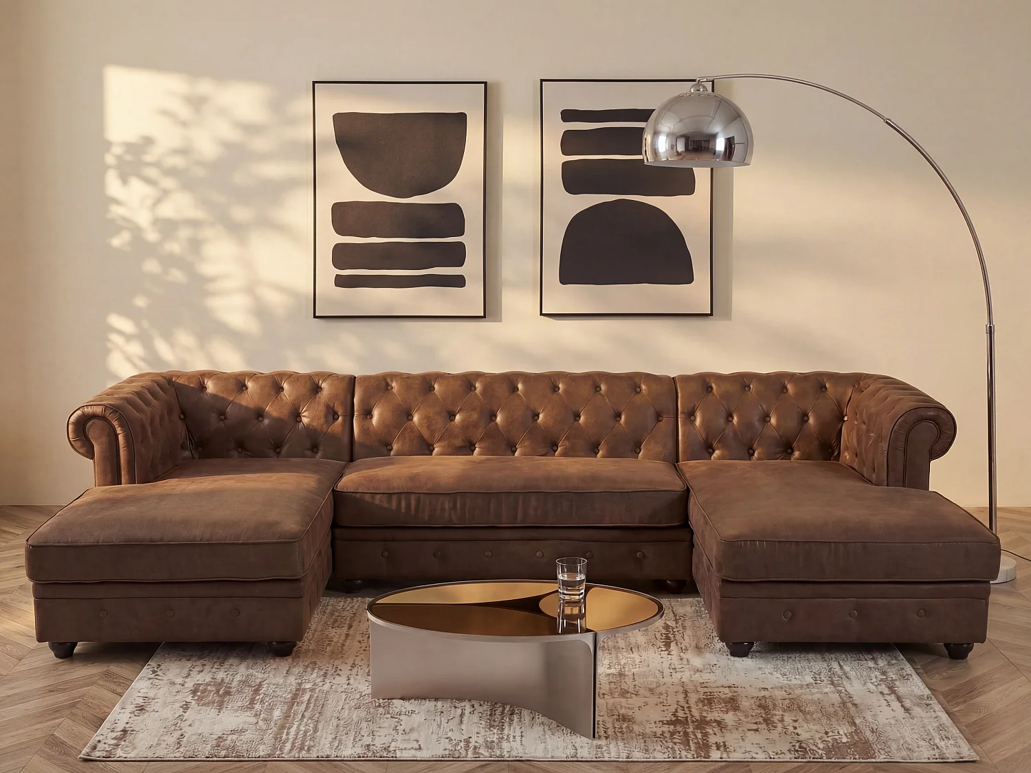 Canapé d'angle panoramique en microfibre aspect cuir vieilli CHESTERFIELD