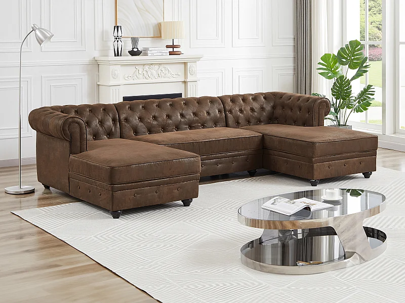 Sofa hjørne panorama i mikrofiber med gammelt læder udseende slidt CHESTERFIELD