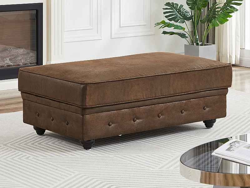Pouf coffre de rangement en microfibre aspect cuir vieilli CHESTERFIELD