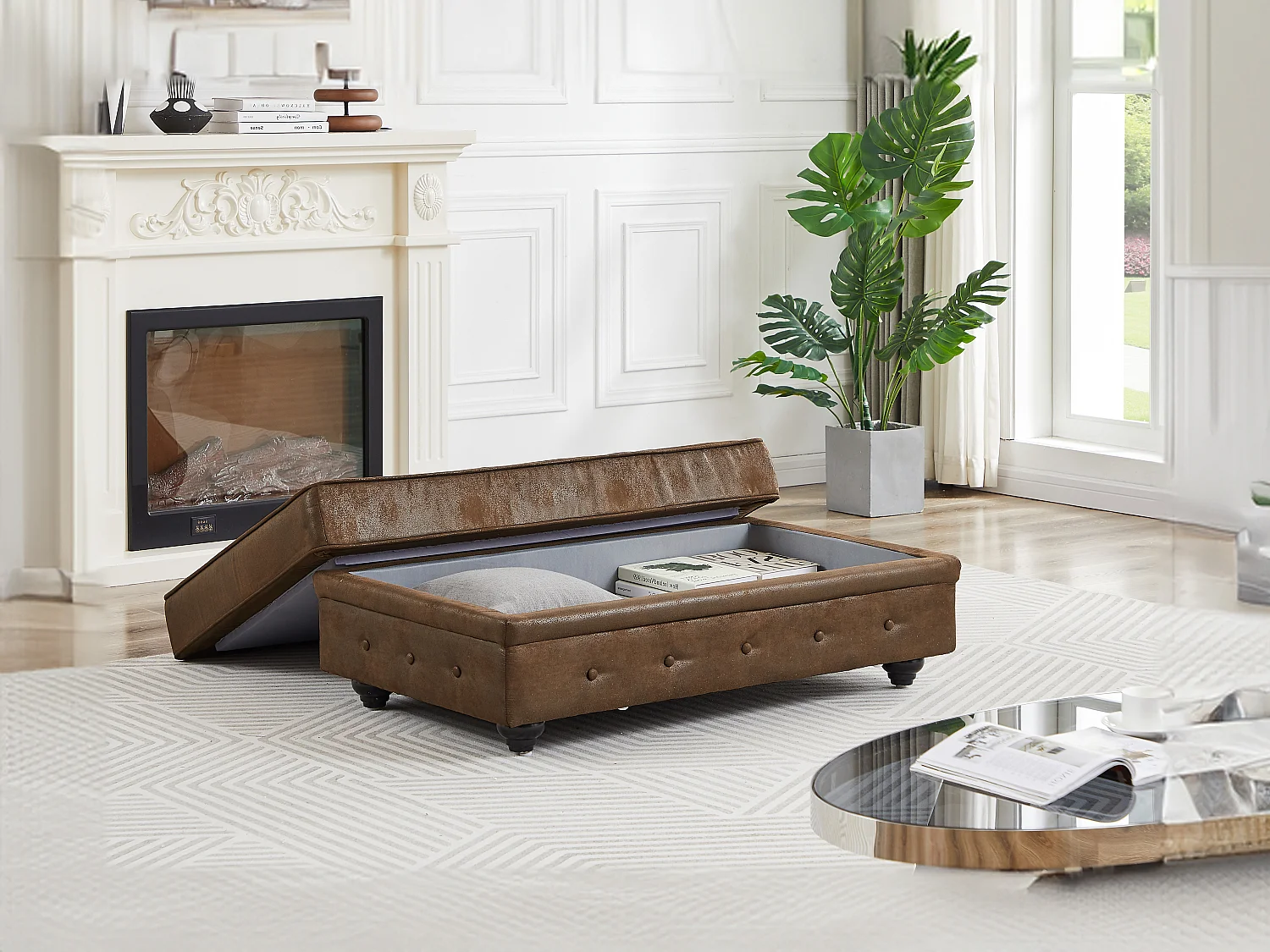 Pouf coffre de rangement en microfibre aspect cuir vieilli CHESTERFIELD