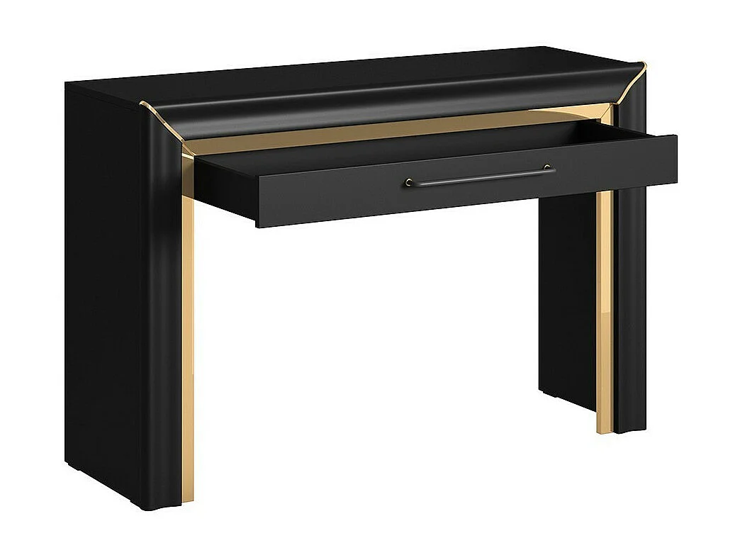 Mesa consola de diseño colección DOHA color negro mate y acabados dorados.