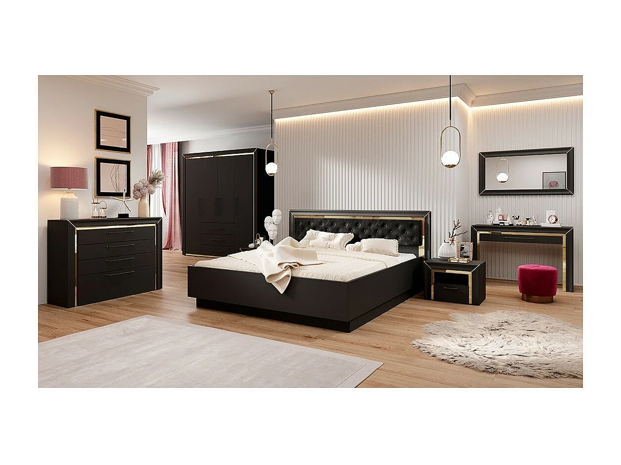 Mesa consola de diseño colección DOHA color negro mate y acabados dorados.