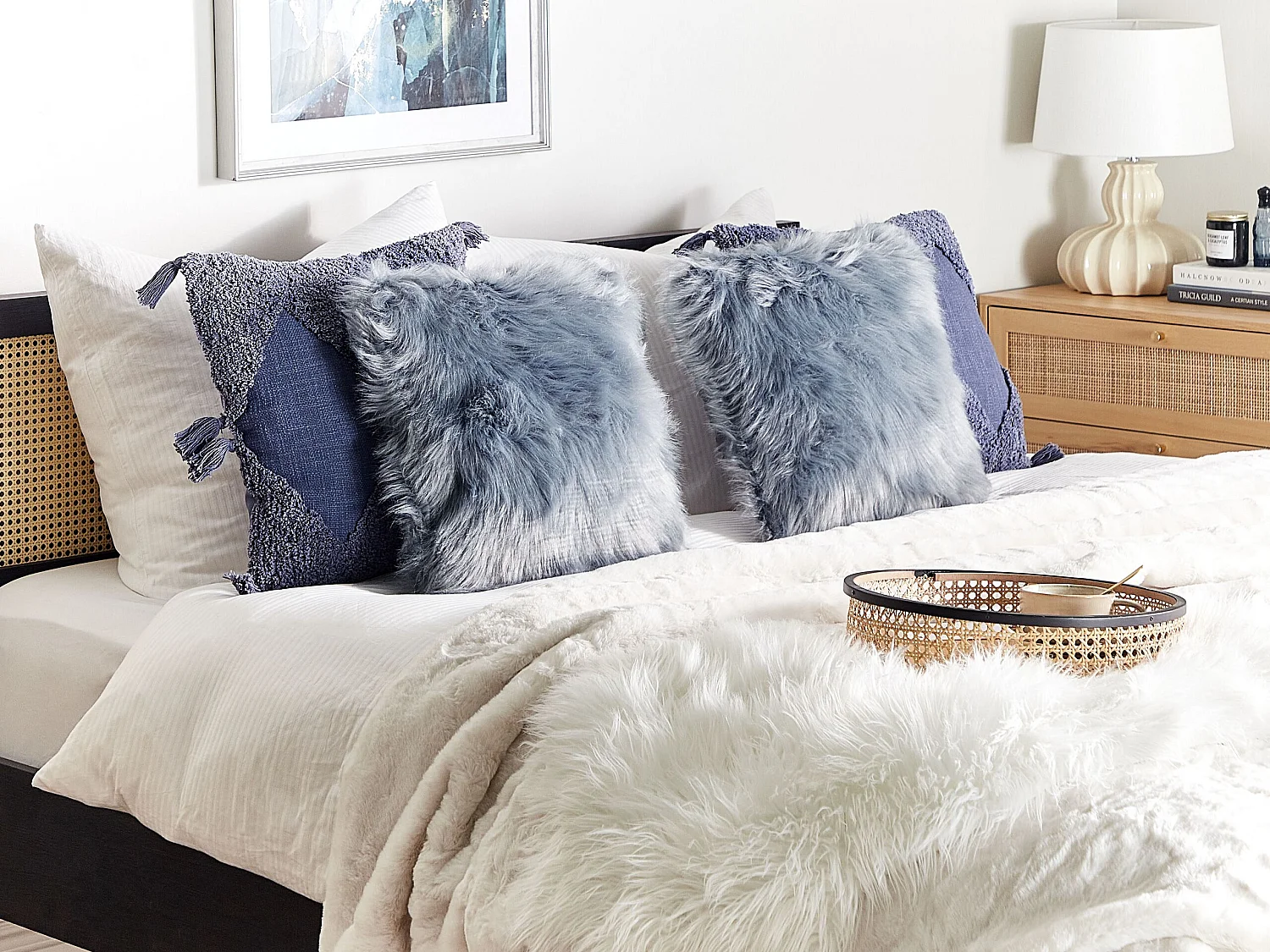 Set van 2 decoratieve kussens LUBHA Nepbont 42 x 42 cm Donkerblauw Effen