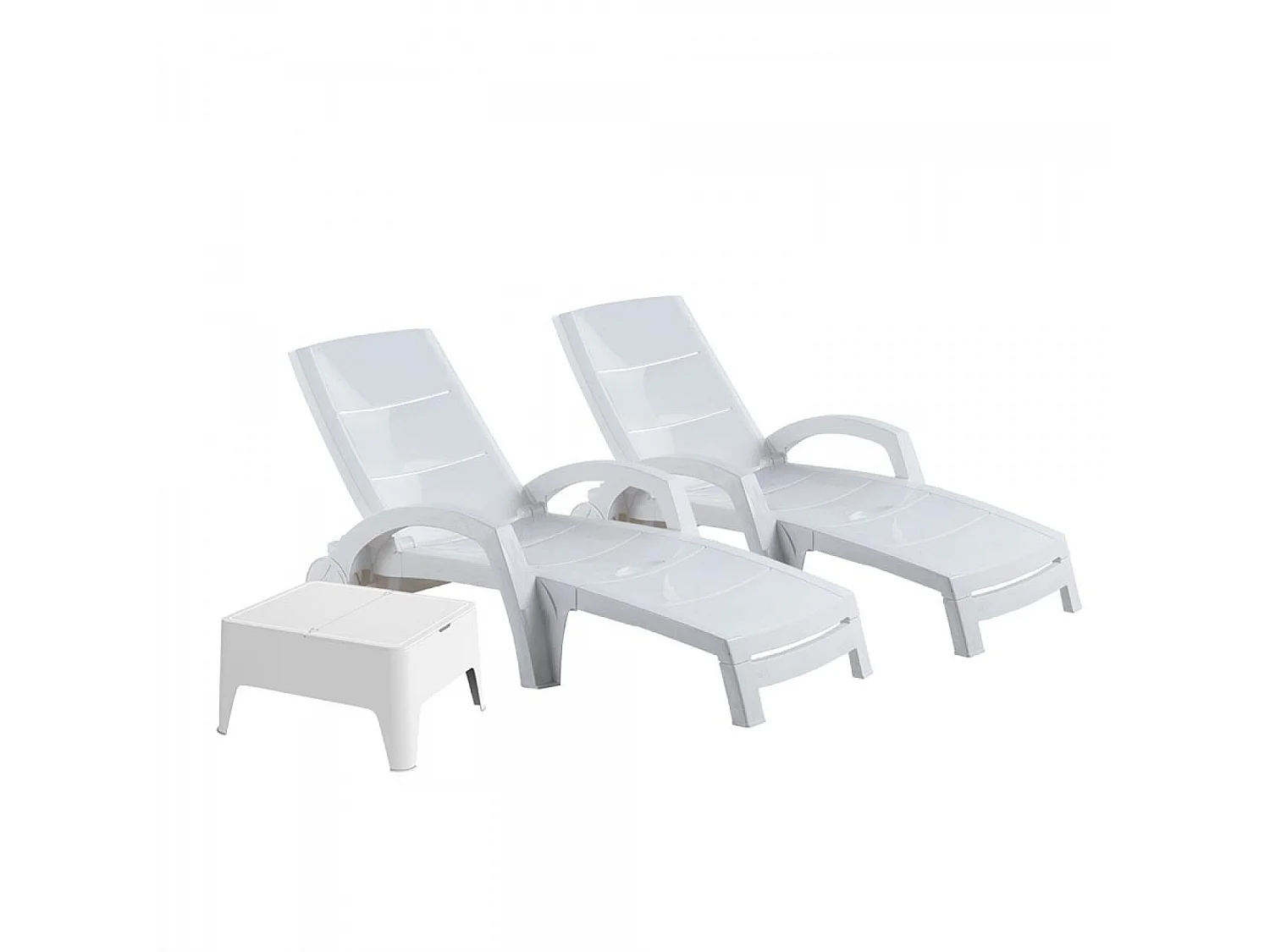 Set di 2 lettini prendisole in plastica riciclata + tavolino bianco DORAL