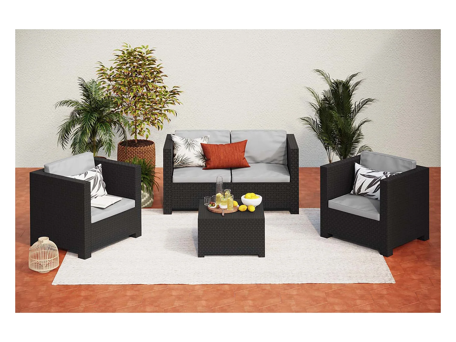 Loungeset voor 4 personen van grijs spuitgegoten hars met opbergbox ANKARA