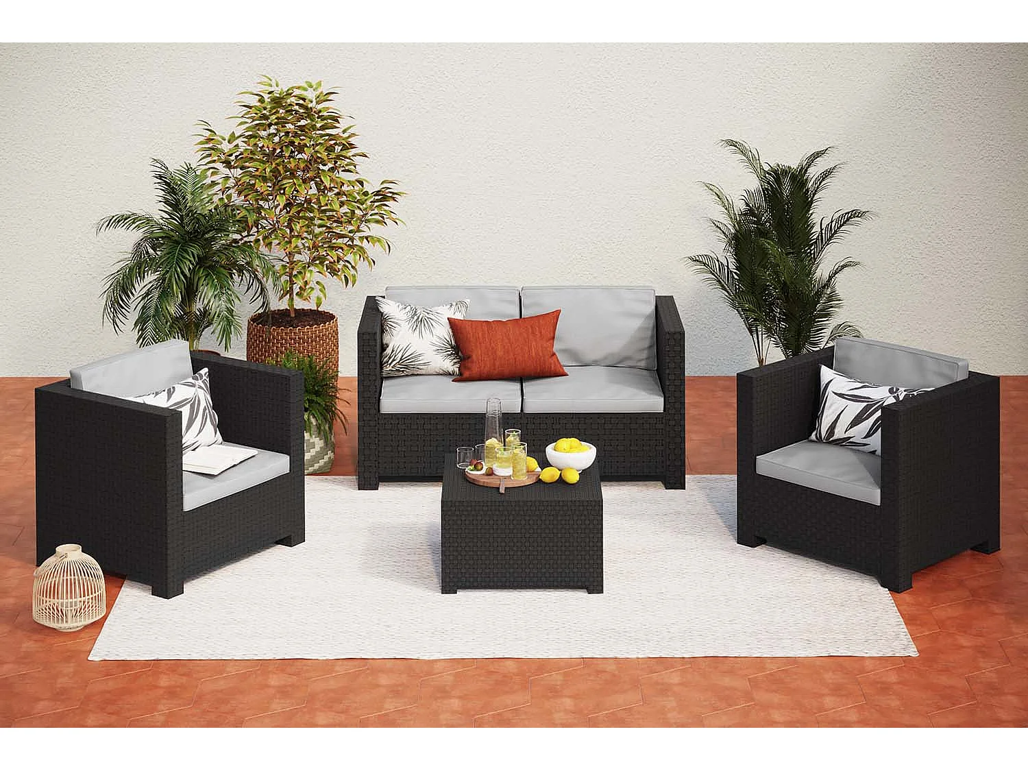 Loungeset voor 4 personen van grijs spuitgegoten hars met opbergbox ANKARA