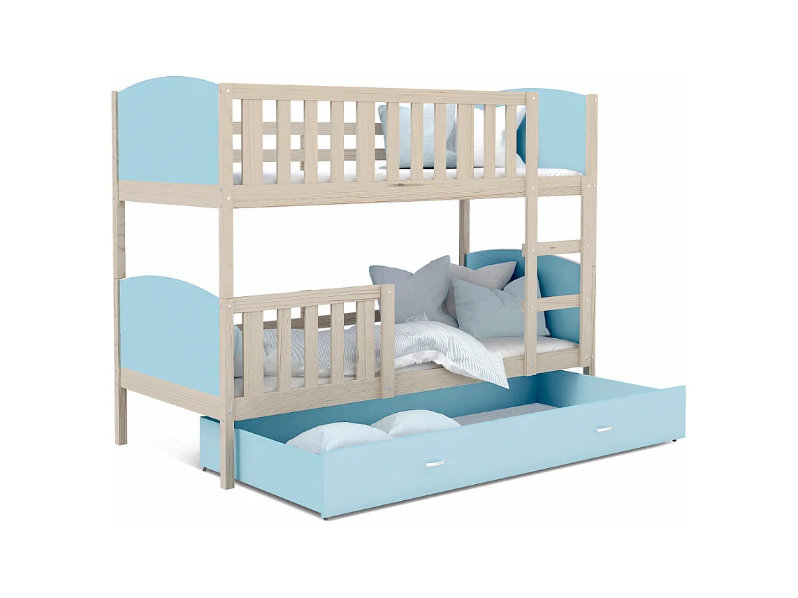 Lit Superposé Tomy 90x190 Pin - bleu Livré avec sommiers, tiroir et matelas en mousse de 7cm