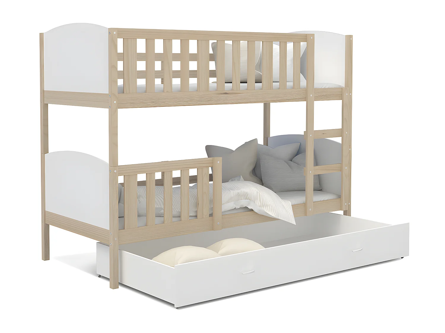 Lit Superposé Tomy 90x190 Pin - blanc Livré avec sommiers, tiroir et matelas en mousse de 7cm