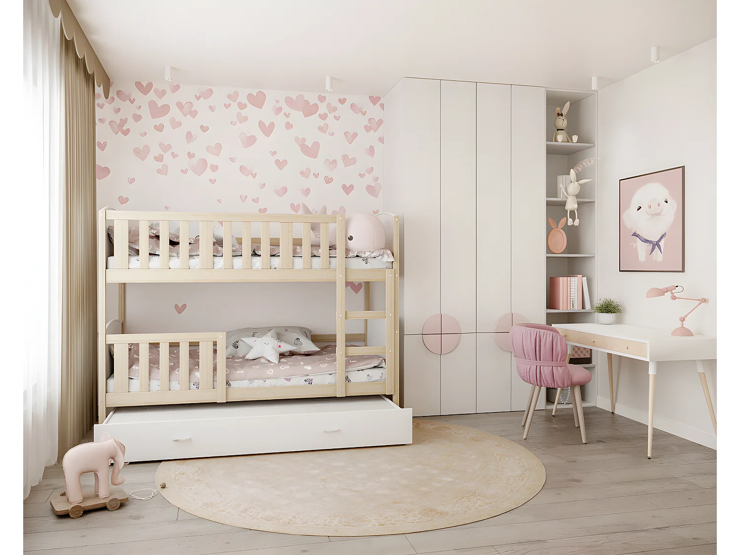 Lit Superposé Tomy 90x190 Pin - blanc Livré avec sommiers, tiroir et matelas en mousse de 7cm