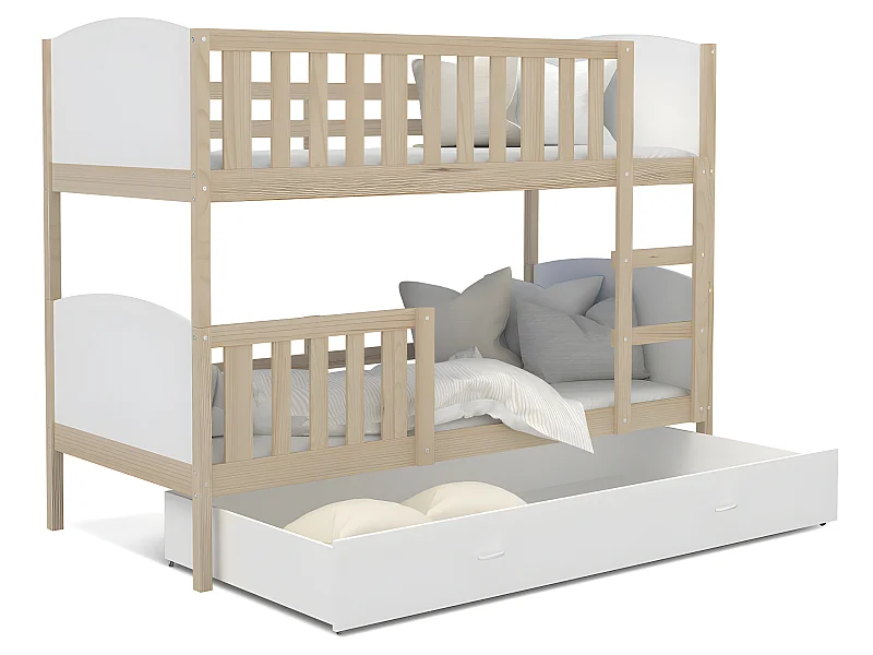 Lit Superposé Tomy 90x190 Pin - blanc Livré avec sommiers, tiroir et matelas en mousse de 7cm