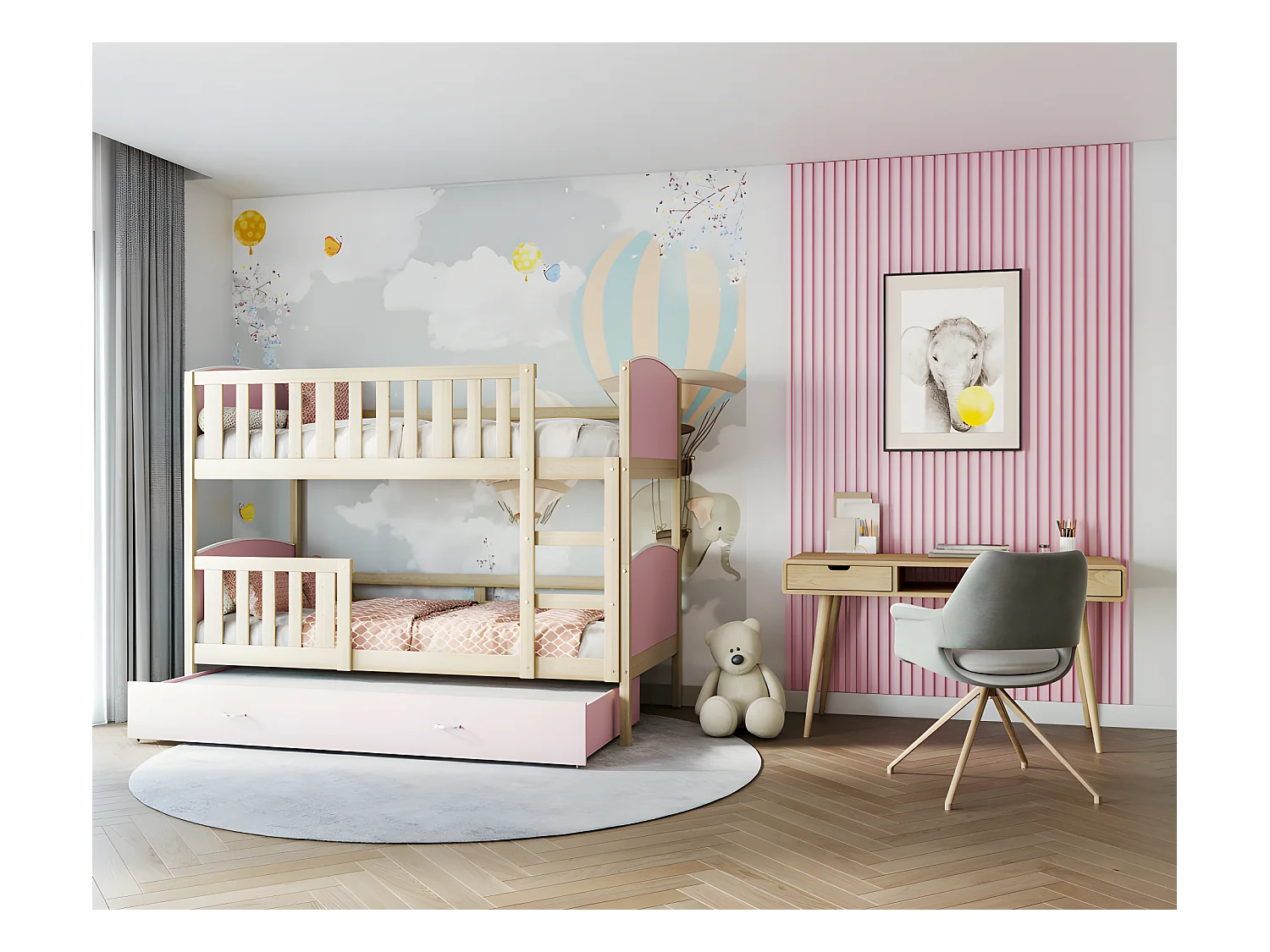 Lit Superposé Tomy 90x190 Pin - rose Livré avec sommiers, tiroir et matelas en mousse de 7cm