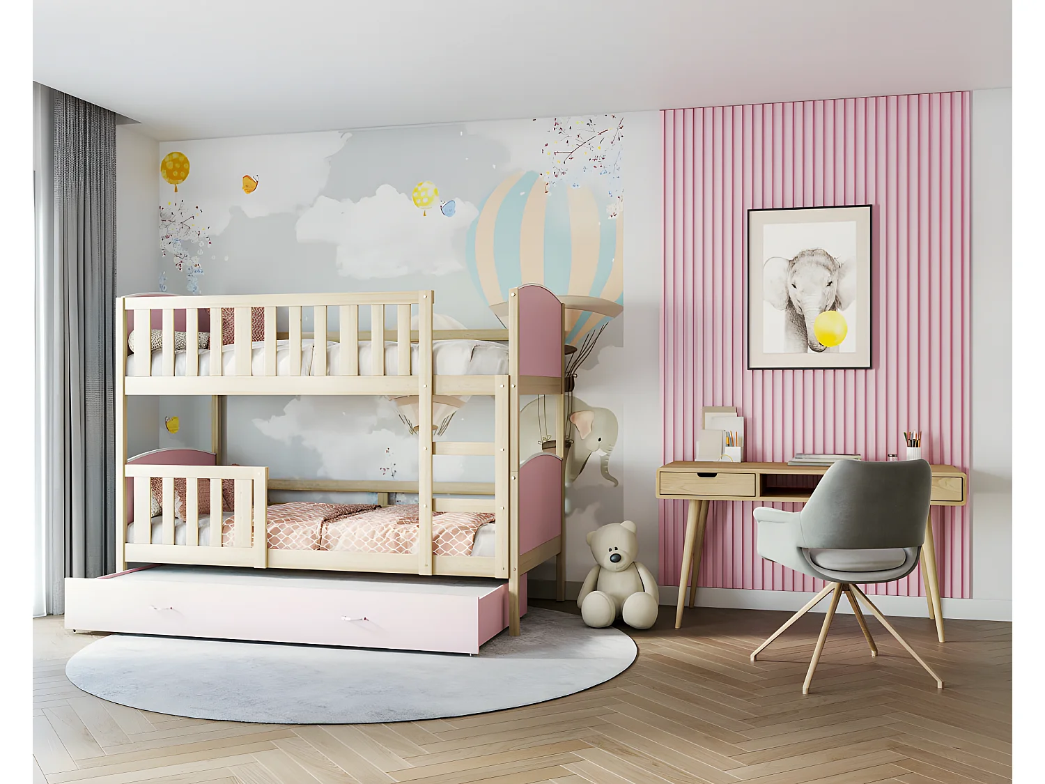 Lit Superposé Tomy 90x190 Pin - rose Livré avec sommiers, tiroir et matelas en mousse de 7cm