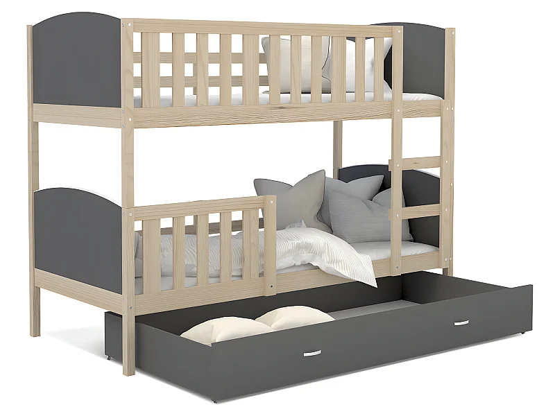 Lit Superposé Tomy 90x190 Pin - gris Livré avec sommiers, tiroir et matelas en mousse de 7cm