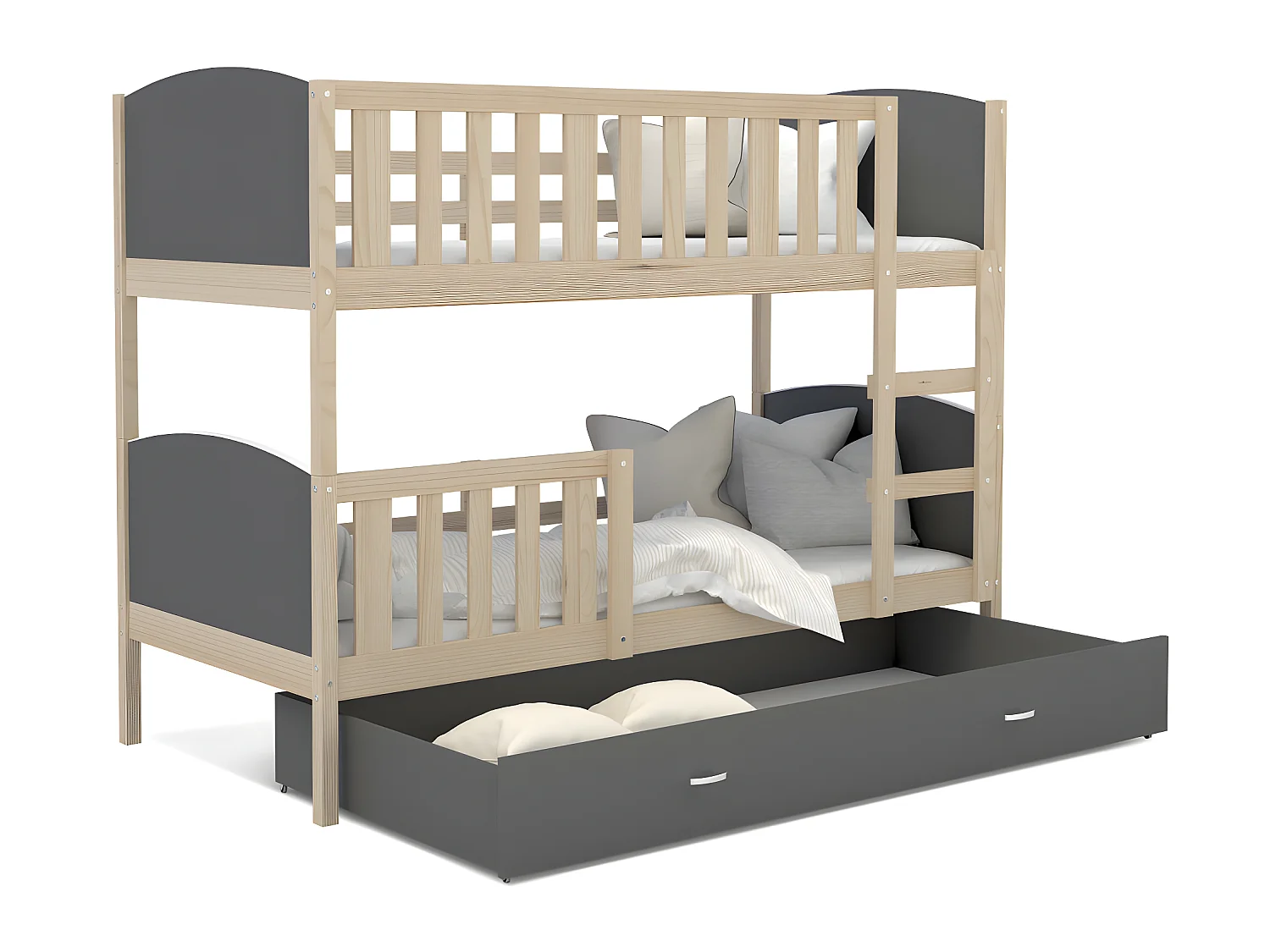 Lit Superposé Tomy 90x190 Pin - gris Livré avec sommiers, tiroir et matelas en mousse de 7cm