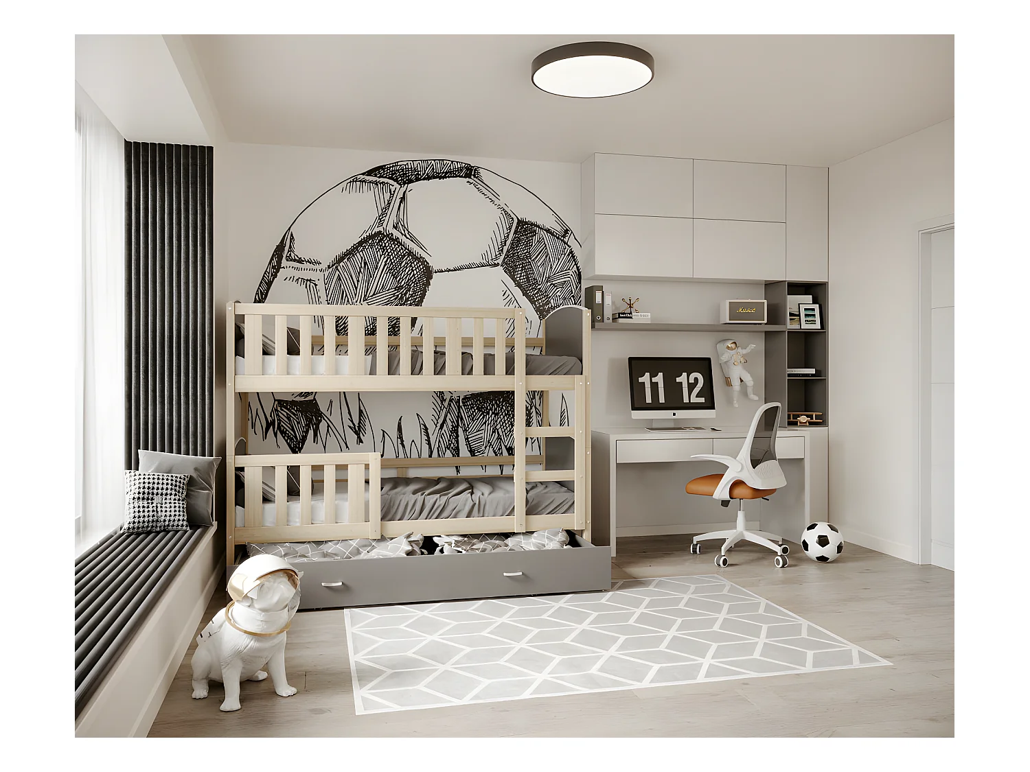 Lit Superposé Tomy 90x190 Pin - gris Livré avec sommiers, tiroir et matelas en mousse de 7cm