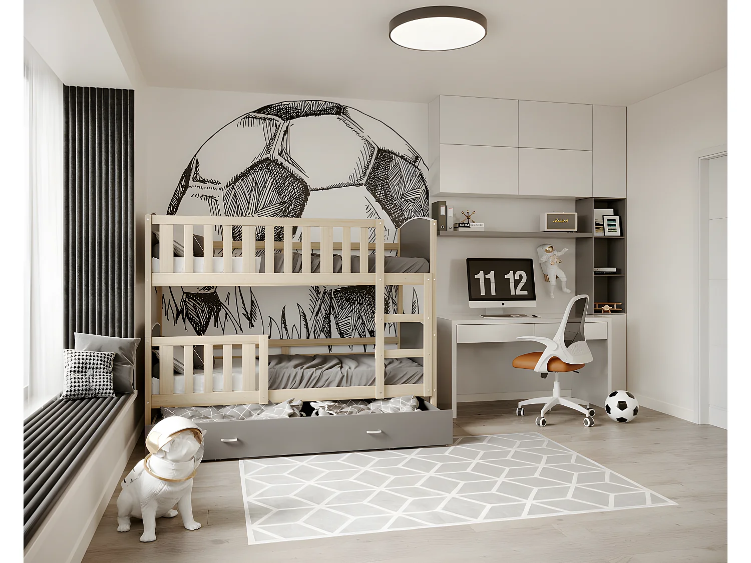 Lit Superposé Tomy 90x190 Pin - gris Livré avec sommiers, tiroir et matelas en mousse de 7cm