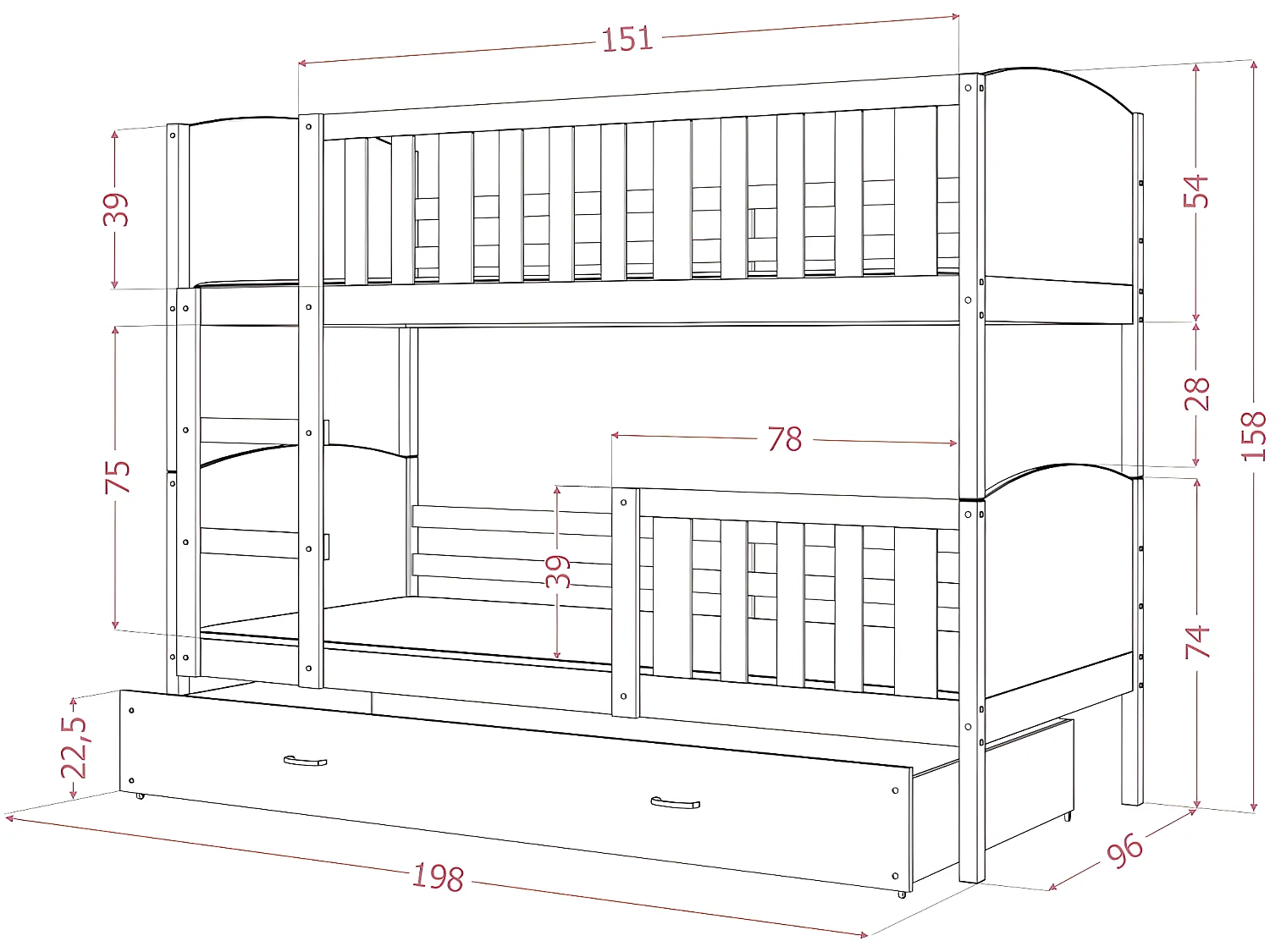 Lit Superposé Tomy 90x190 Pin - gris Livré avec sommiers, tiroir et matelas en mousse de 7cm