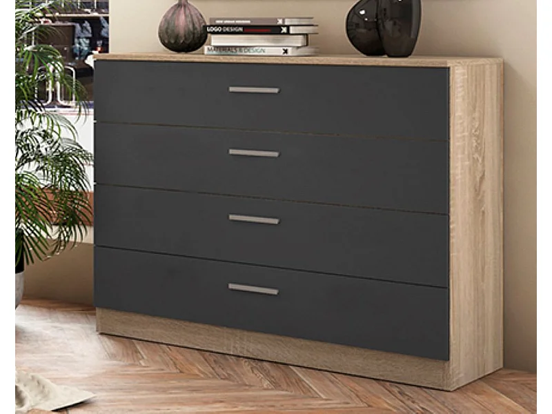 Commode, meuble de rangement coloris chêne cambrian, graphite - Longueur 100 x profondeur 40 x hauteur 84 cm