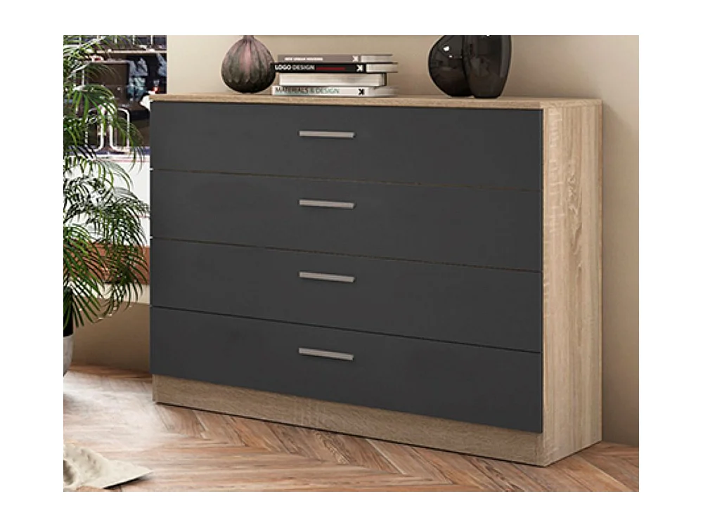 Commode, meuble de rangement coloris chêne cambrian, graphite - Longueur 100 x profondeur 40 x hauteur 84 cm