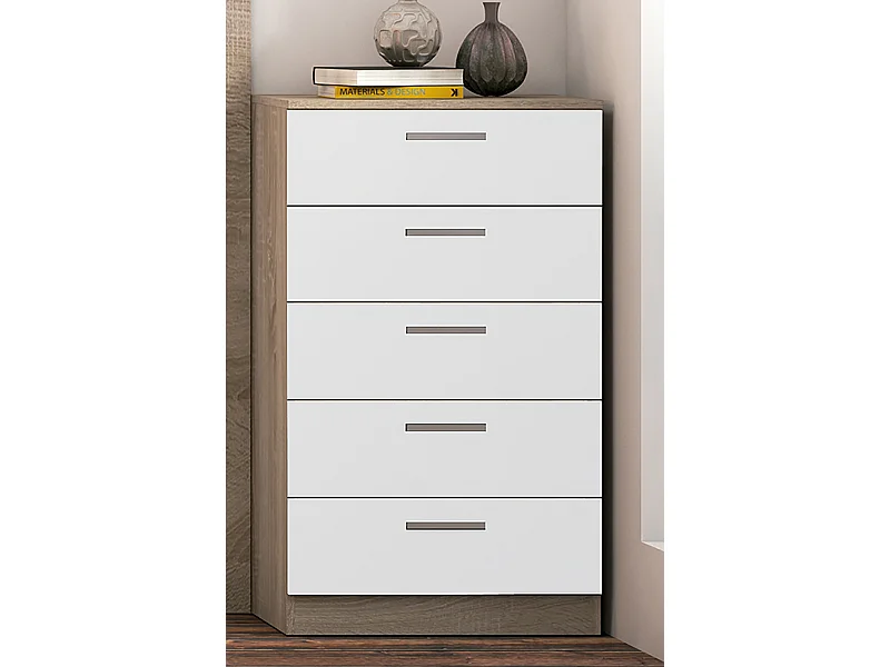 Chiffonnier, meuble de rangement coloris chêne cambrian, blanc - Longueur 60 x Profondeur 40 x Hauteur 102,7 cm