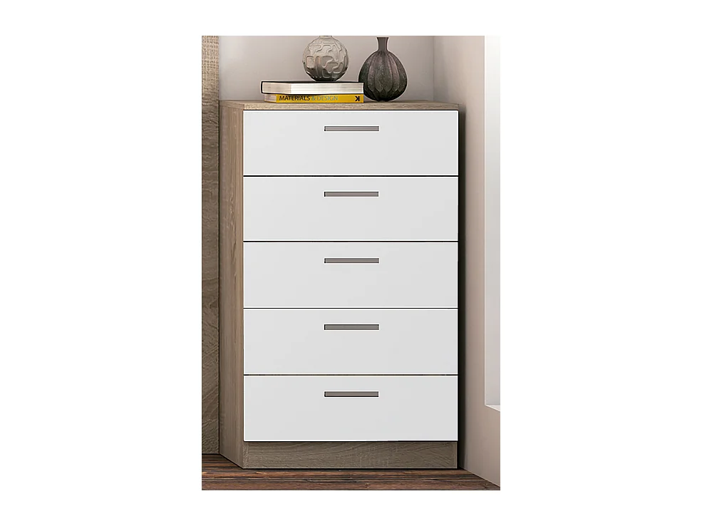 Chiffonnier, meuble de rangement coloris chêne cambrian, blanc - Longueur 60 x Profondeur 40 x Hauteur 102,7 cm