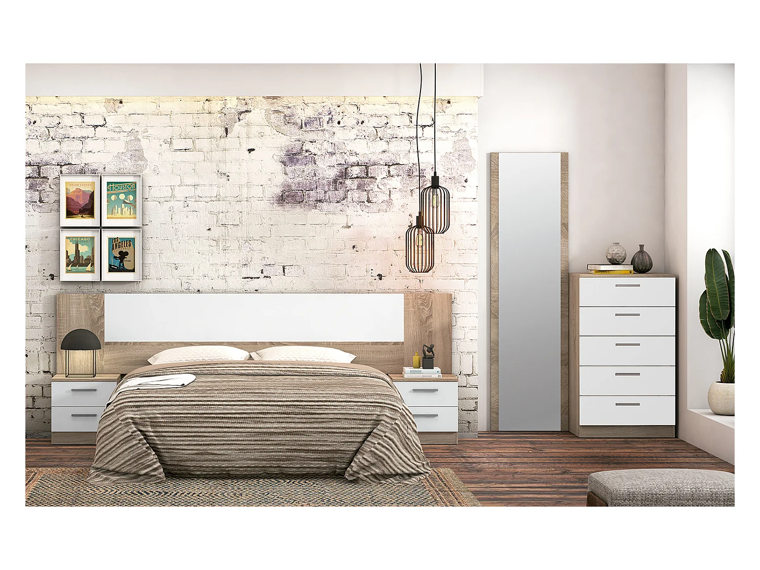 Chiffonnier, meuble de rangement coloris chêne cambrian, blanc - Longueur 60 x Profondeur 40 x Hauteur 102,7 cm