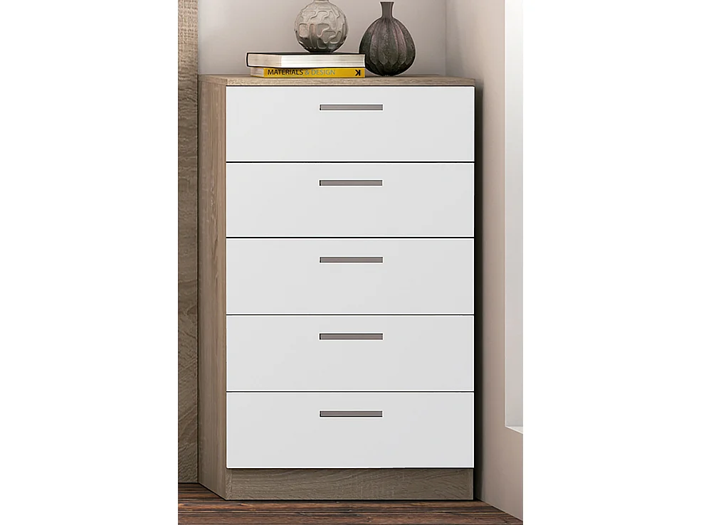 Chiffonnier, meuble de rangement coloris chêne cambrian, blanc - Longueur 60 x Profondeur 40 x Hauteur 102,7 cm